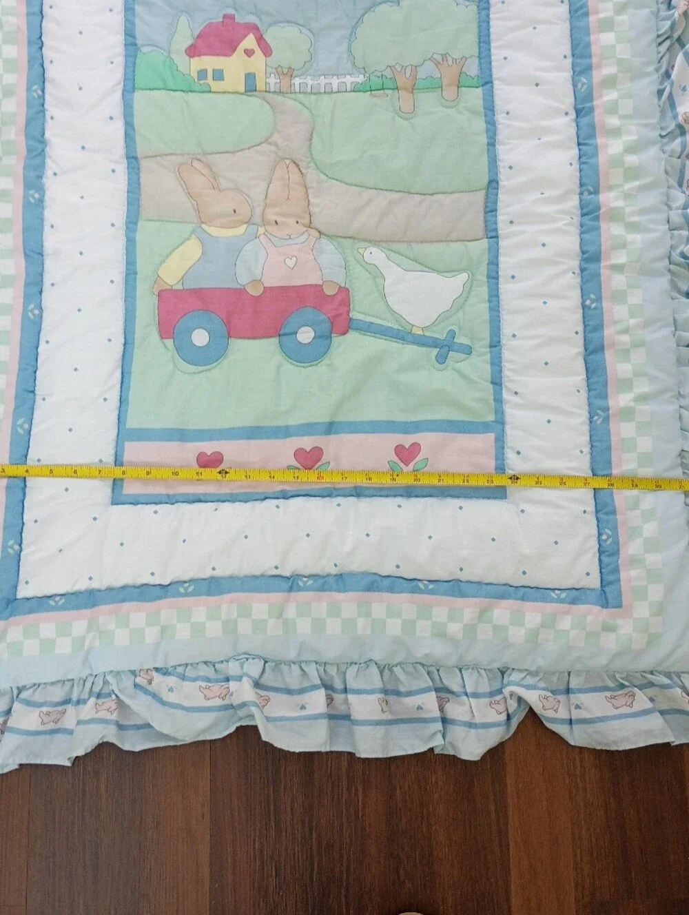Vtg Red Calliope Quilt Baby Blanket Bunnies Hearts Made In USA 37
